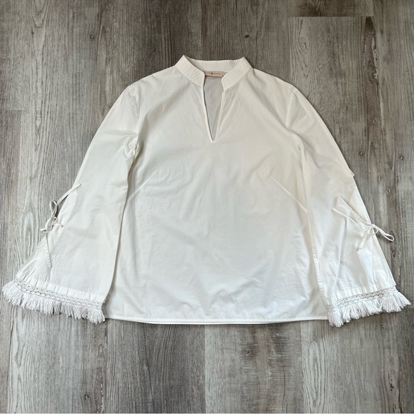 Tory Burch Sophie Fringe-Trim Bell Sleeve Top White Size 6 Designer Cloud Dancer - Picture 6 of 15